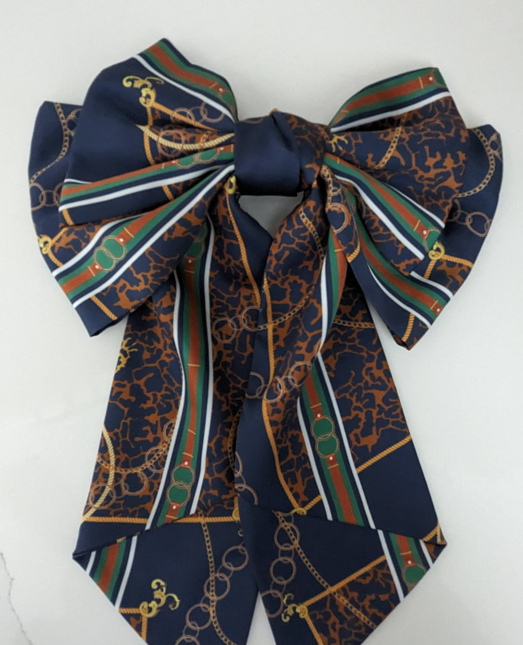 Vivente Satin Chain Belt Print Hair Bow Barrette Navy BC790