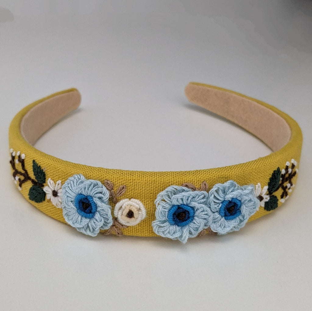 Vivente Embroidered Headband Yellow with Blue Roses VB328