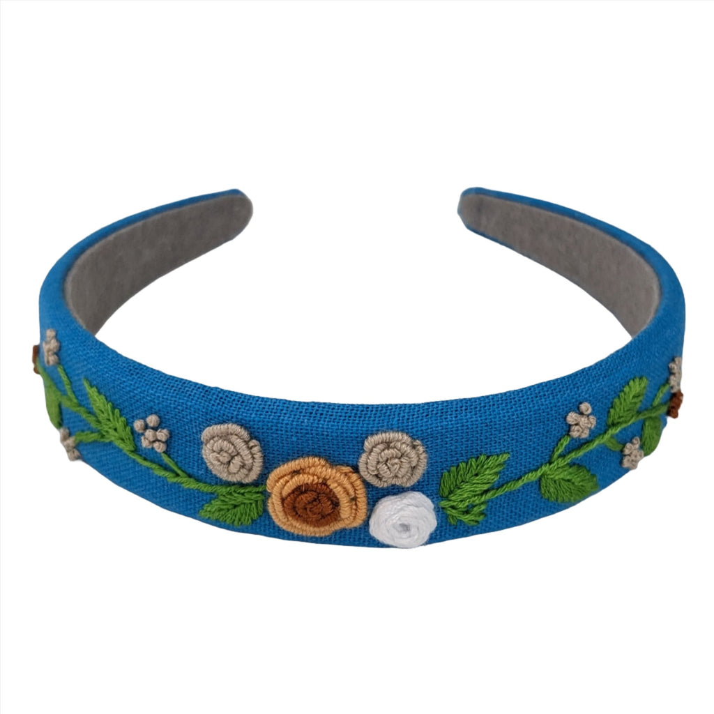 Vivente Embroidered Headband Bright Blue with Multi Flowers VB329