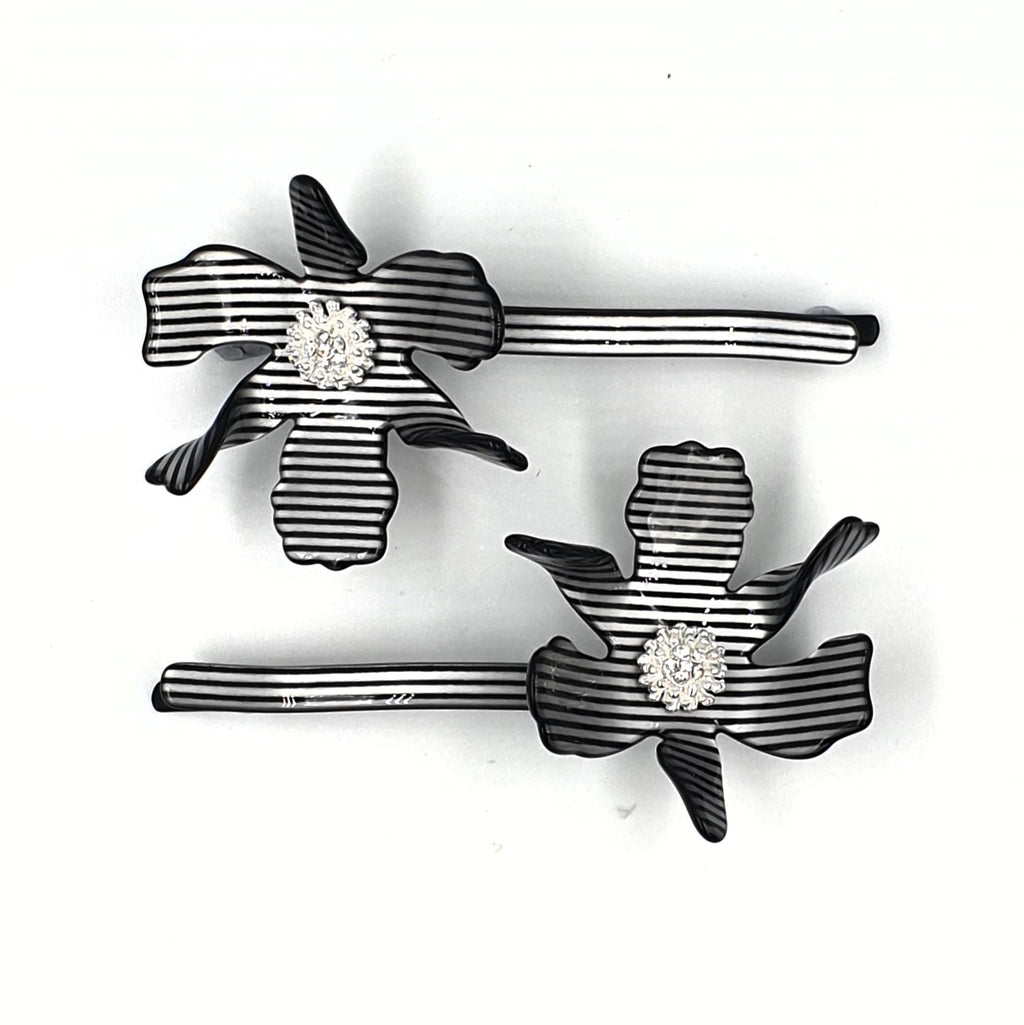 Acetate Flower Hair Clips Black/White Stripe- HC527A