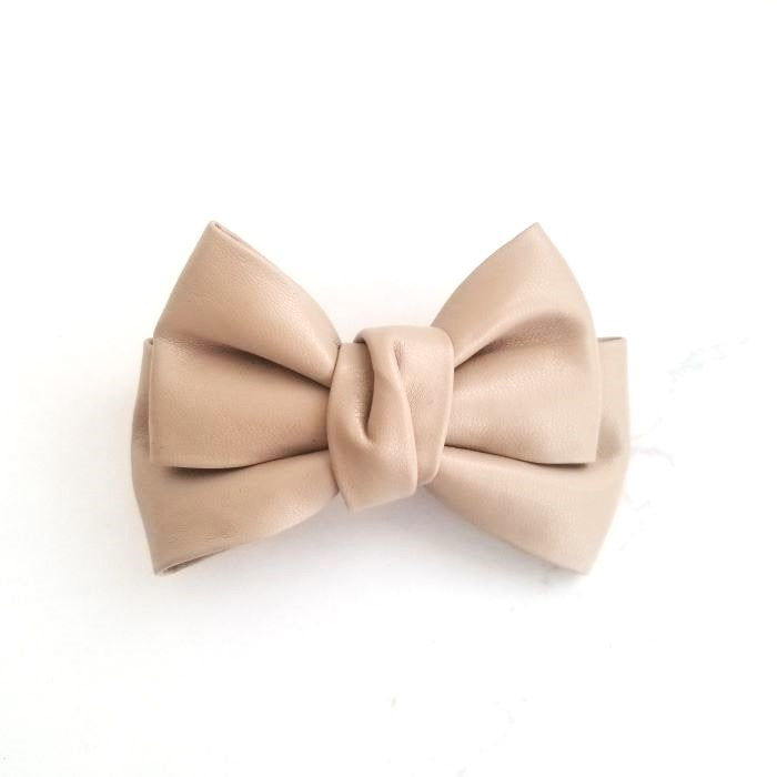 Faux Leather Medium Bow Barrette Clip Beige AC966