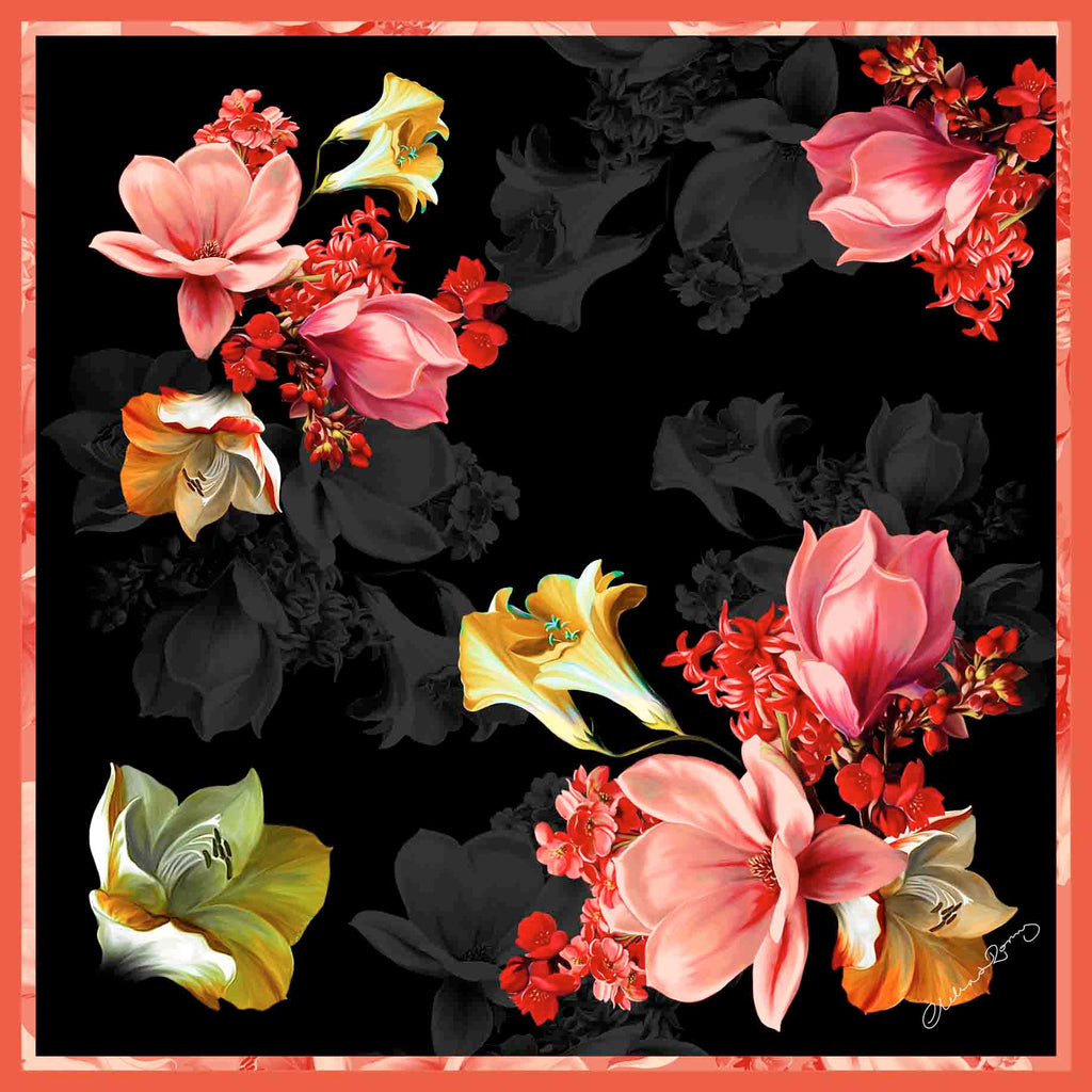 Clelia & Romy Orange flowers on black  CR573-2 90cm