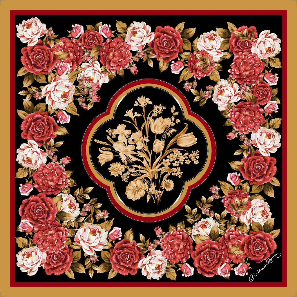 Clelia & Romy Red flowers on black/gold border  CR604-2 90cm