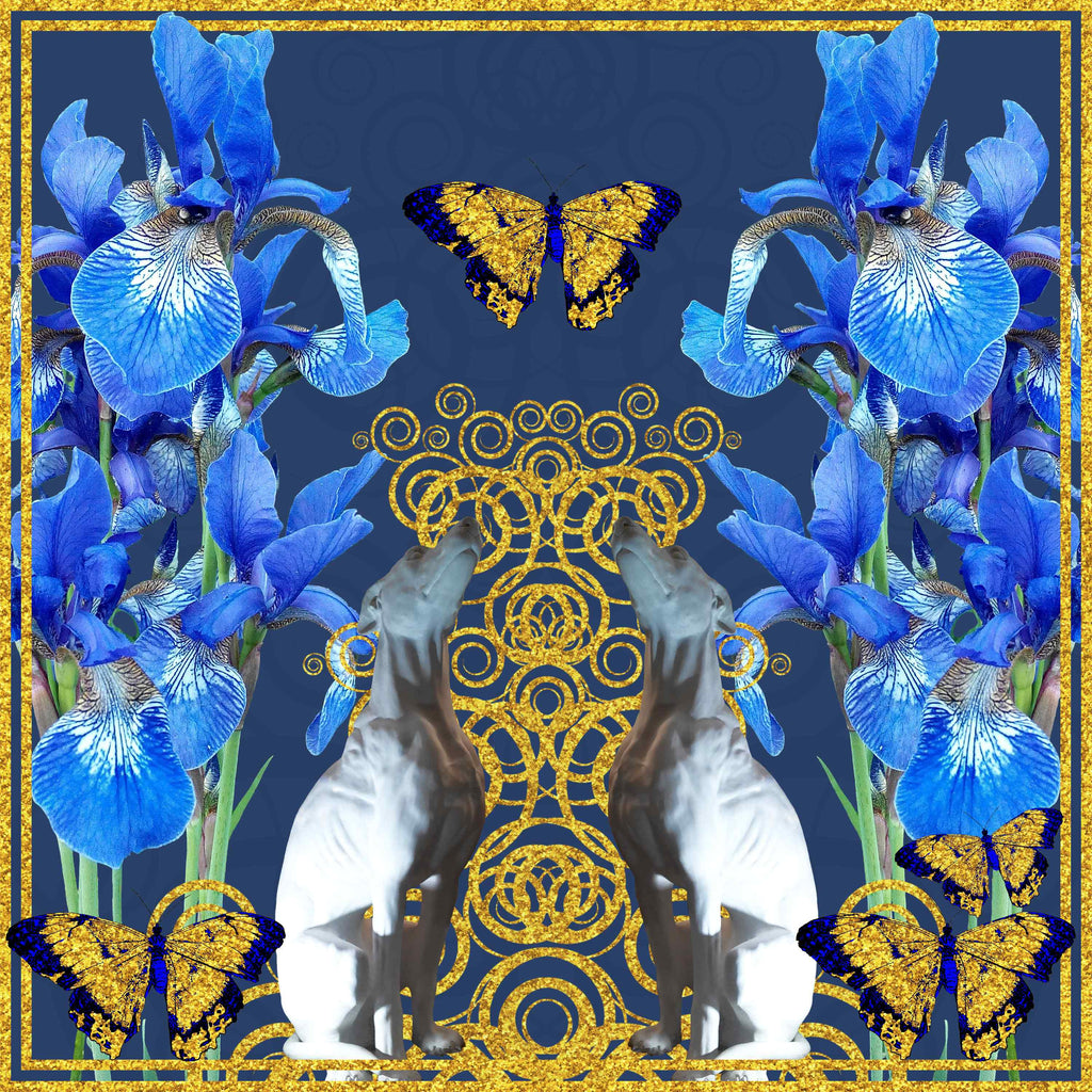 Aqua fleur-de-lis/gold butterflies on blue  GT97-3 90cm