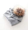 Knit Wool Fox Fur Pom Pom Hat Light Grey/Natural HA206