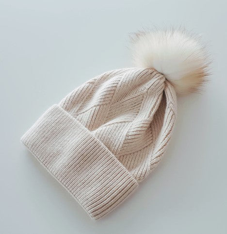 Rib Knit Fox Fur Pom Pom Hat Beige/Natural HA406