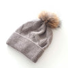 Rib Knit Fox Fur Pom Pom Hat Taupe/Natural HA407