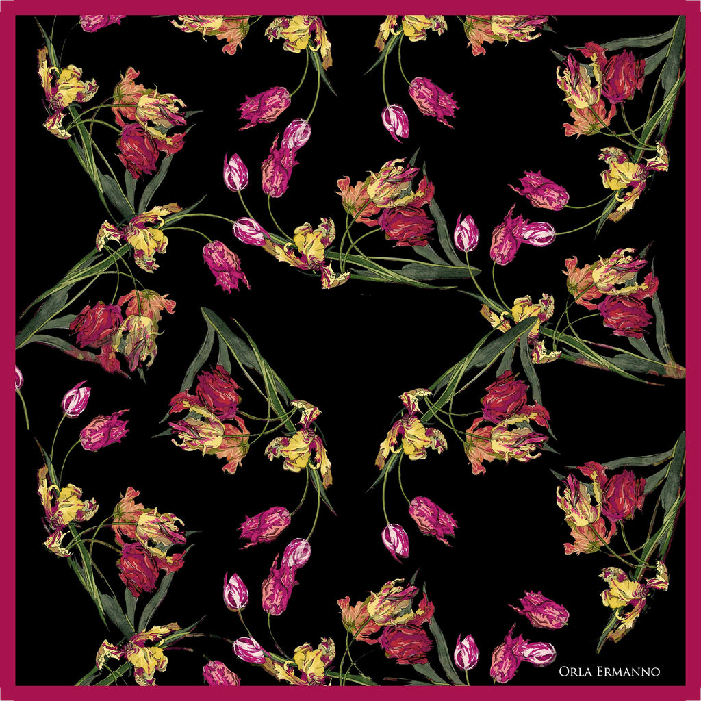 Orla Ermanno Tulips black ground fuchsia border  OE286 70cm