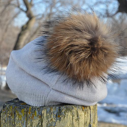 Knit Wool Fox Fur Pom Pom Hat Beige/Natural HA203